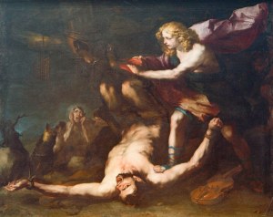 2-M120-M3-1655 L.Giordano, Apoll und Marsyas Giordano, Luca 1634-1705. 'Apoll und Marsyas', undat. (Apollo schindet Marsyas). Oel auf Leinwand, 201 x 263 cm. Neapel, Privatsammlung. E: Giordano, Apollo and Marsyas Giordano, Luca 1634-1705. 'Apollo and Marsyas', undated. (Apollo flays Marsyas). Oil on canvas, 201 x 263cm. Naples, private collection.