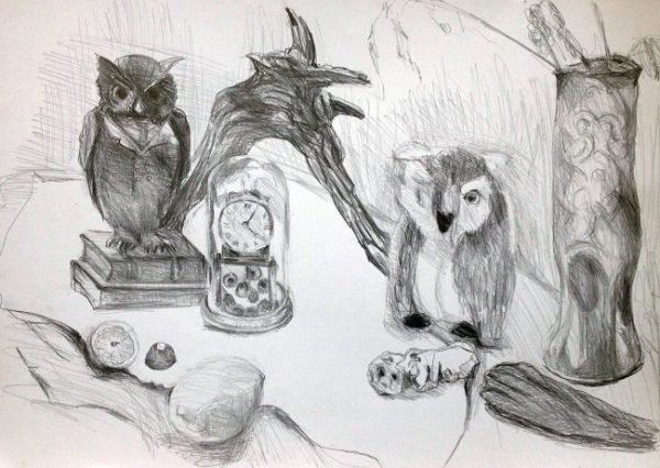 Bleistiftzeichnung mit Uhr und Eulen